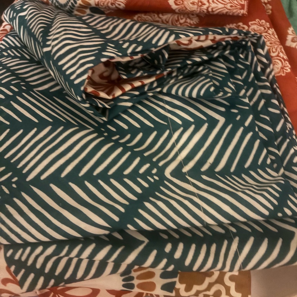 Teal and White Striped Fabric, two traditional curtains